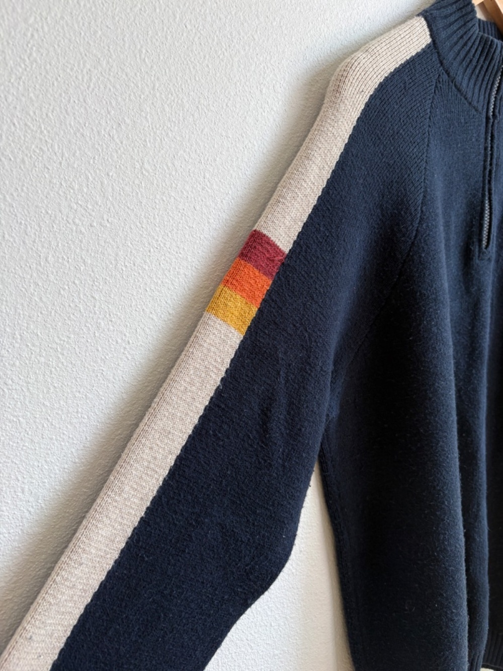 Marine Layer Archive Armas Mens Navy Striped Quarter Zip Wool Blend Sweater L - Picture 7 of 10